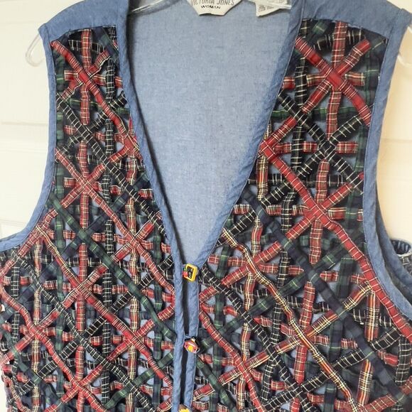 Victoria Jones Vtg 2 Pc Vest‎ Skirt Set Sz 1X~2X Teacher Denim Starburst Weave - Picture 5 of 16